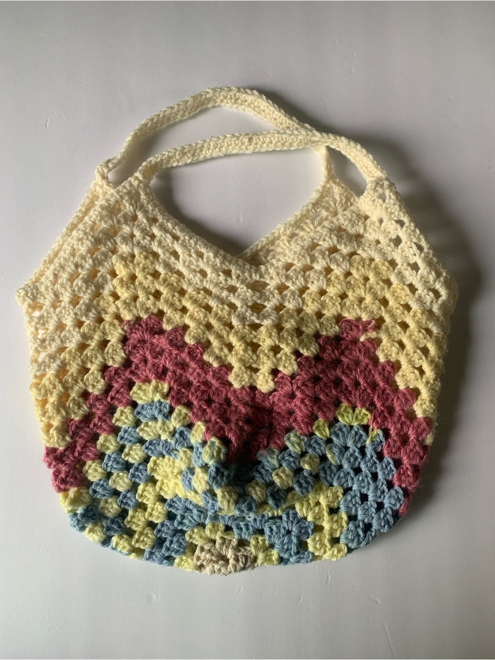 Handmade Crochet Tote Bag in Cream, Pink, Blue & Yellow